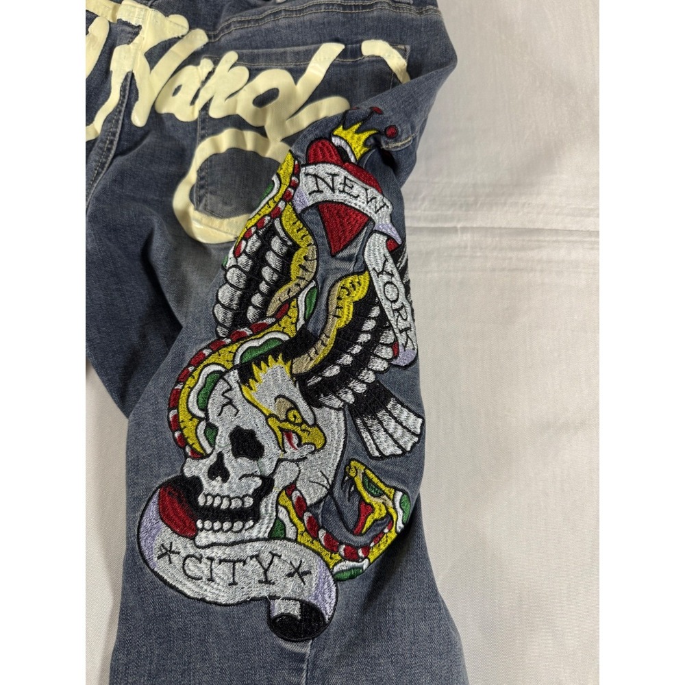 Excellent Cond Ed Hardy Mens Flare Leg Jeans Blue Embroidered Skull Snake NYC 32